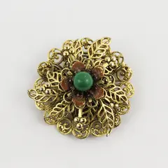 Vintage Gold-Tone Filigree Floral Brooch Faux Jade Stone
