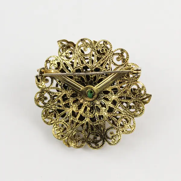 Vintage Gold-Tone Filigree Floral Brooch Faux Jade Stone