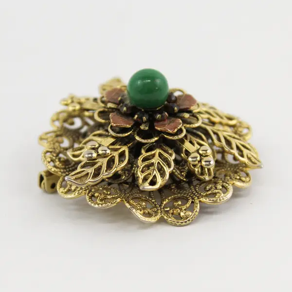 Vintage Gold-Tone Filigree Floral Brooch Faux Jade Stone