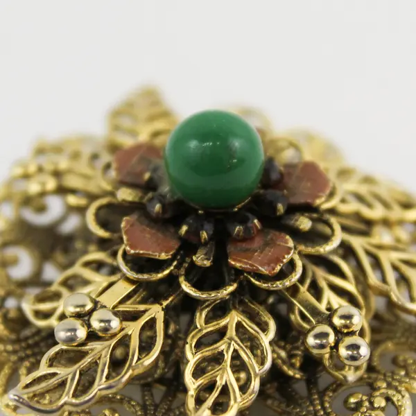 Vintage Gold-Tone Filigree Floral Brooch Faux Jade Stone