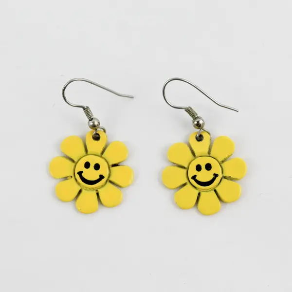 Vintage Yellow Flower Smiley Face Dangle Earrings