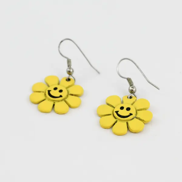 Vintage Yellow Flower Smiley Face Dangle Earrings