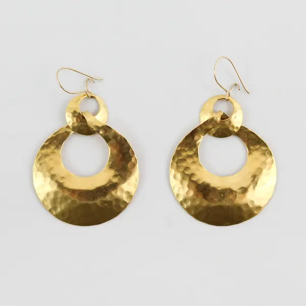 Retro Mod Gold-Tone Hammered Metal Dangle Hoop Earrings