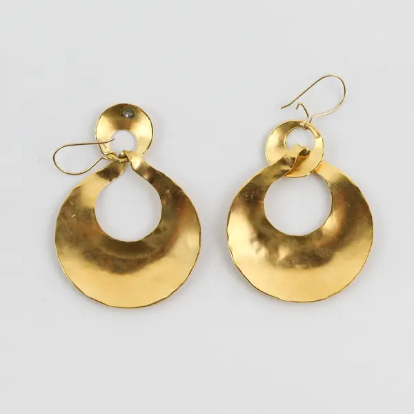 Retro Mod Gold-Tone Hammered Metal Dangle Hoop Earrings