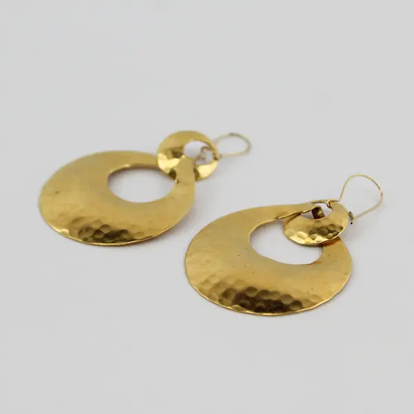 Retro Mod Gold-Tone Hammered Metal Dangle Hoop Earrings