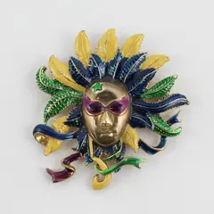 Vintage Multicolor Enamel Gold-Tone Mardi Gras Mask Brooch