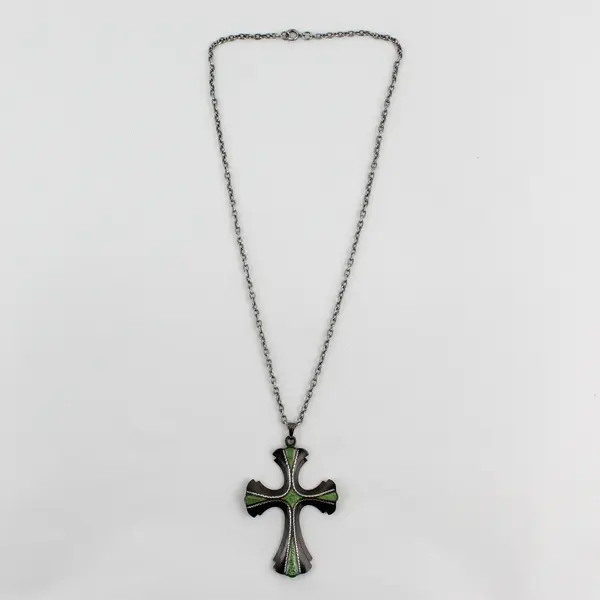 VTG 1976 Sarah Coventry Green Enamel Silver-Tone Cross Pendant Necklace 24.5"