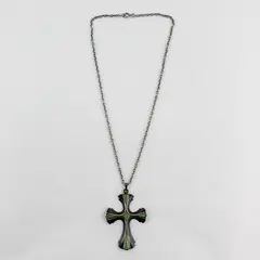 VTG 1976 Sarah Coventry Green Enamel Silver-Tone Cross Pendant Necklace 24.5"