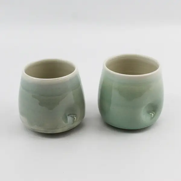 Set Of 2 Handmade Green Ceramic Mugs With Thumb Indents Signed B