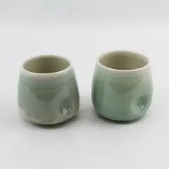 Set Of 2 Handmade Green Ceramic Mugs With Thumb Indents Signed B