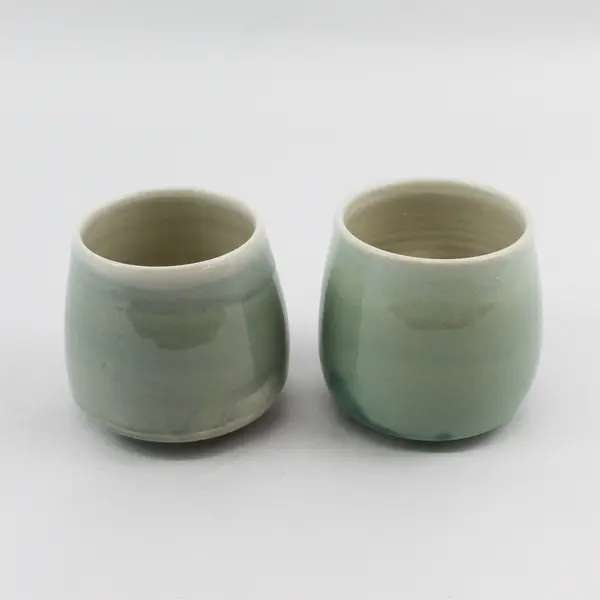 Set Of 2 Handmade Green Ceramic Mugs With Thumb Indents Signed B