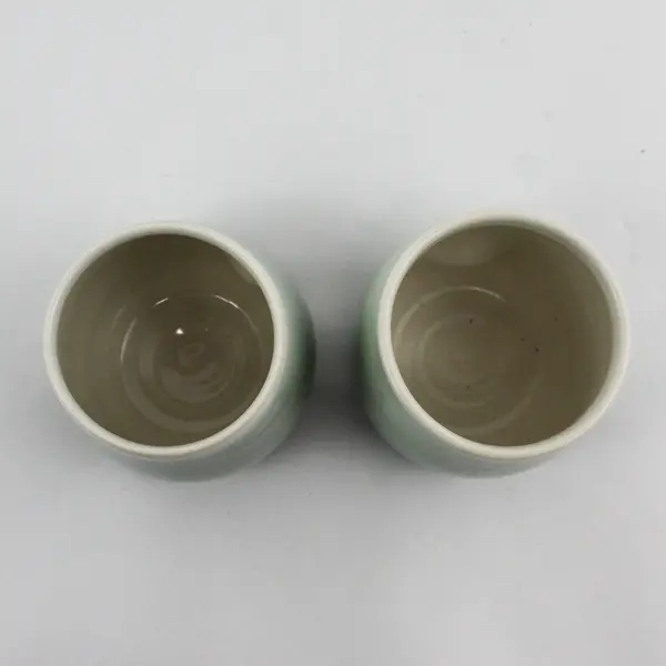 Set Of 2 Handmade Green Ceramic Mugs With Thumb Indents Signed B
