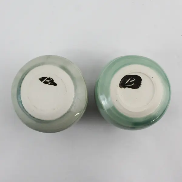 Set Of 2 Handmade Green Ceramic Mugs With Thumb Indents Signed B