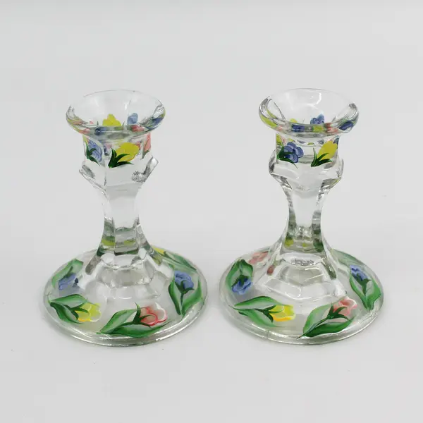Pair of 4" Hexagon Stem Hand Painted Glass Taper Candle Holders Floral Pattern