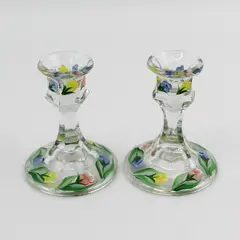 Pair of 4" Hexagon Stem Hand Painted Glass Taper Candle Holders Floral Pattern