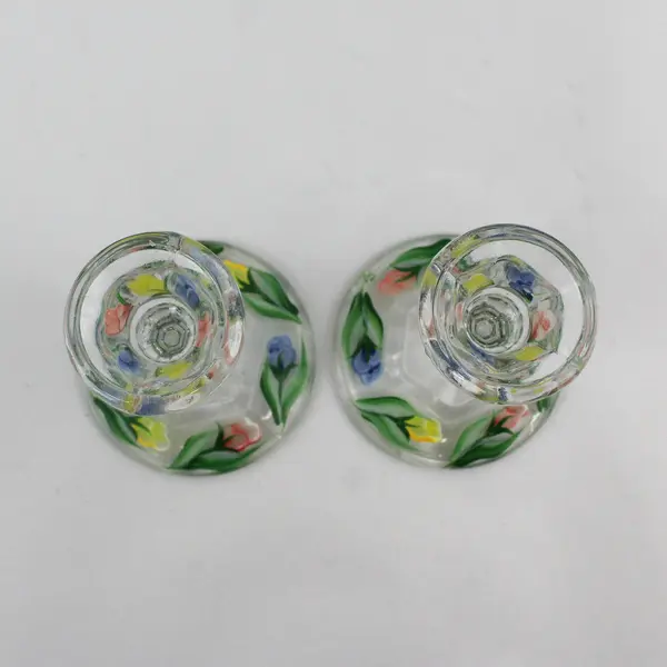 Pair of 4" Hexagon Stem Hand Painted Glass Taper Candle Holders Floral Pattern