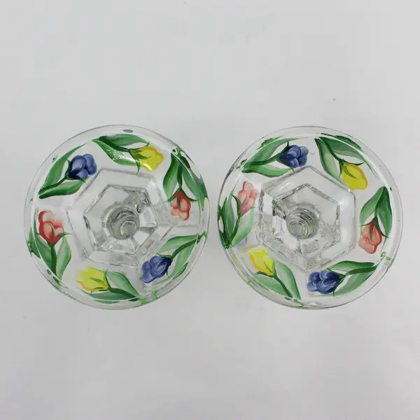 Pair of 4" Hexagon Stem Hand Painted Glass Taper Candle Holders Floral Pattern