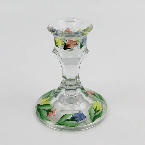 Pair of 4" Hexagon Stem Hand Painted Glass Taper Candle Holders Floral Pattern