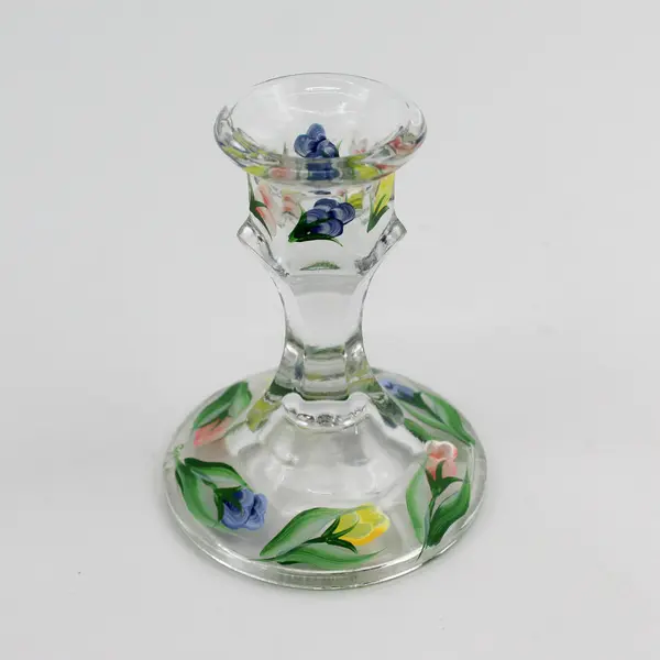 Pair of 4" Hexagon Stem Hand Painted Glass Taper Candle Holders Floral Pattern