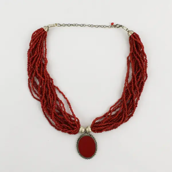 Vintage Multi-Strand Red-Orange Seed Bead Pendant Necklace 19"
