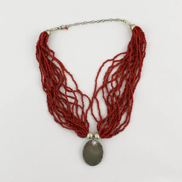 Vintage Multi-Strand Red-Orange Seed Bead Pendant Necklace 19"