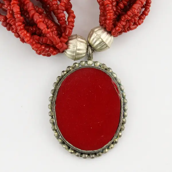 Vintage Multi-Strand Red-Orange Seed Bead Pendant Necklace 19"