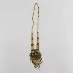 Vintage Brass-Tone Wire Work Necklace Jasper Stone 22.5"