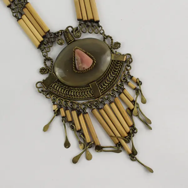 Vintage Brass-Tone Wire Work Necklace Jasper Stone 22.5"