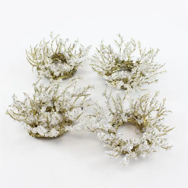 Set of 4 Silver Glitter Beaded Candle Wreaths 8in Tabletop Decor