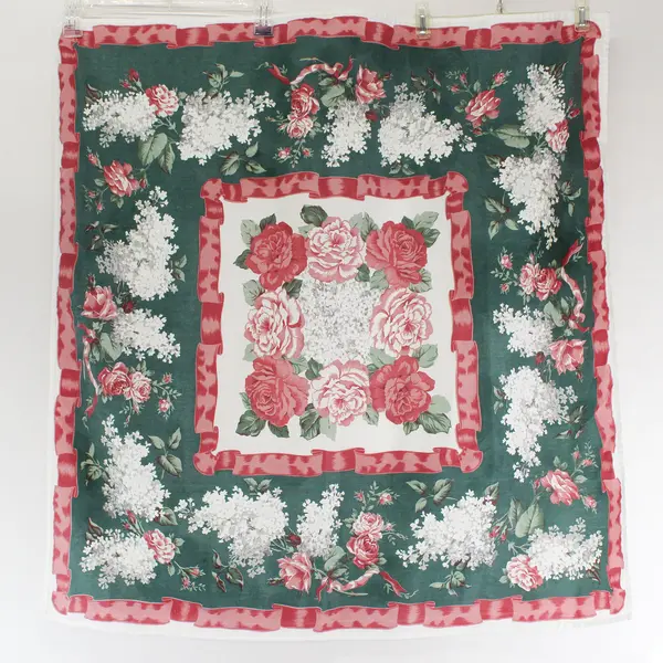 Vintage Forest Green and Cranberry Floral Print Square Tablecloth 33" X 33"