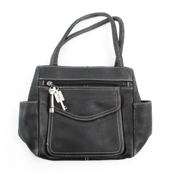 Fossil Small Black Genuine Leather Satchel Purse Flawed