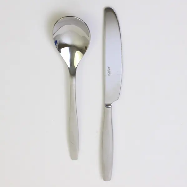 Lot of 2 Nambe Flatware Aidan Pattern 18/10 SS Oval Soup Spoon Dinner Knife VG