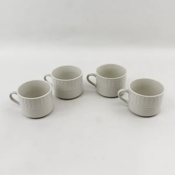 Lot Of 4 Totally Today Brand TTO12 Pattern White Ceramic Flat Cups 2.75" Tall