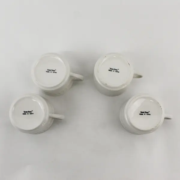 Lot Of 4 Totally Today Brand TTO12 Pattern White Ceramic Flat Cups 2.75" Tall