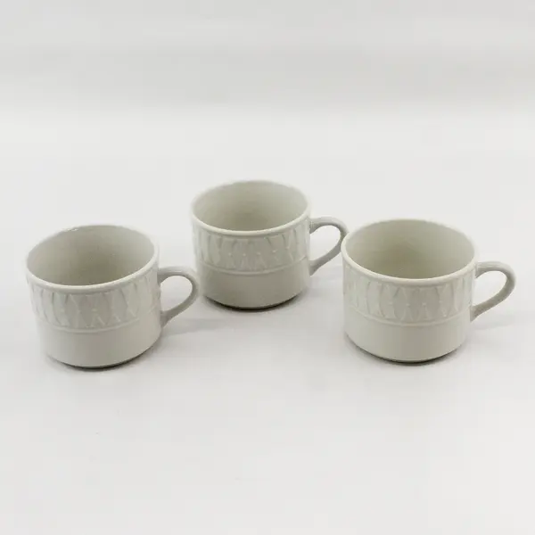 Lot Of 3 Totally Today Brand TTO12 Pattern White Ceramic Flat Cups 2.75" Tall