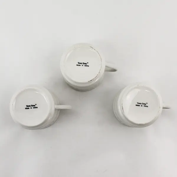 Lot Of 3 Totally Today Brand TTO12 Pattern White Ceramic Flat Cups 2.75" Tall