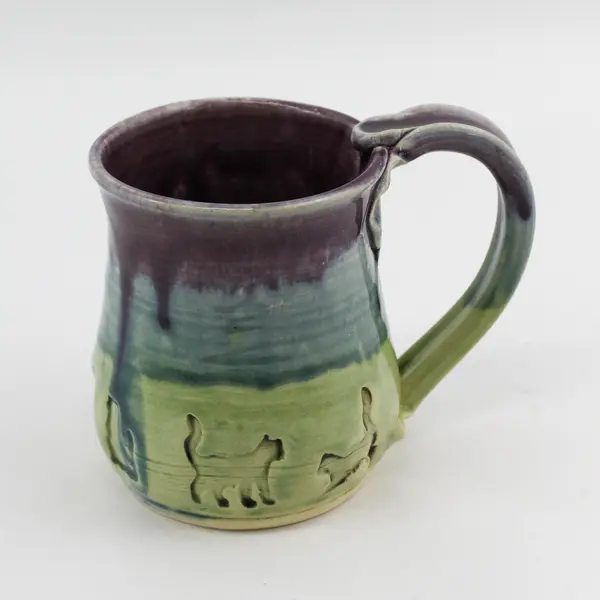 Handmade Purple Blue & Green Cat-Stamped Ceramic Coffee Mug