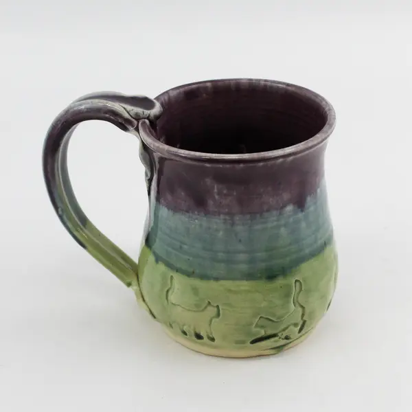 Handmade Purple Blue & Green Cat-Stamped Ceramic Coffee Mug