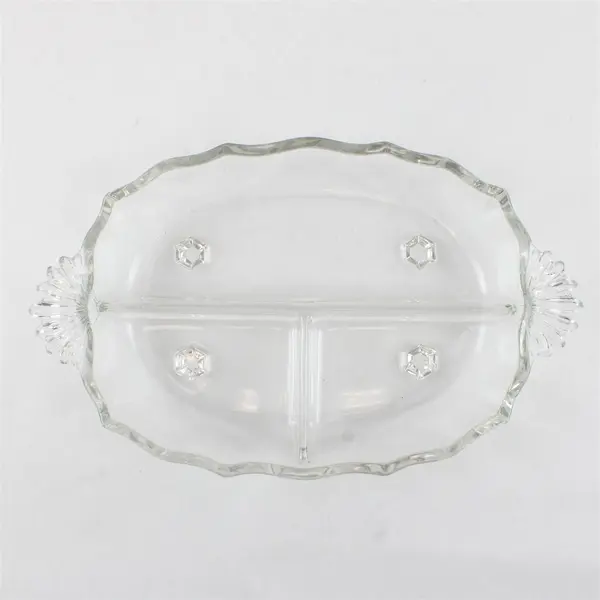 Fostoria Clear Glass Oval 3 Section Divided Relish Dish With Handle 12.5" Long