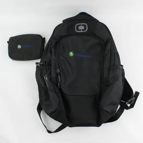Embroidered Nvoicepay Black Backpack and Pouch Set