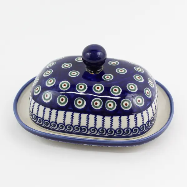 Vintage Boleslawiec Covered Butter Dish Green Circles  Blue Zigzag and Swirls