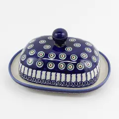Vintage Boleslawiec Covered Butter Dish Green Circles  Blue Zigzag and Swirls