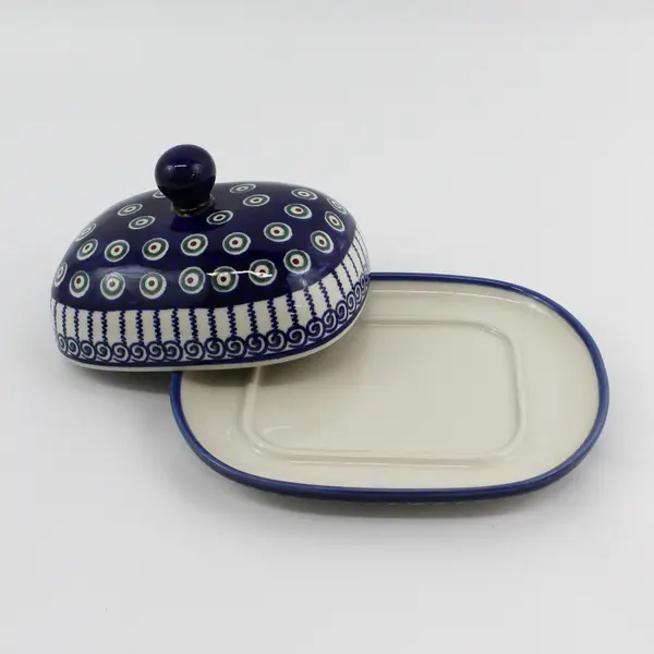 Vintage Boleslawiec Covered Butter Dish Green Circles  Blue Zigzag and Swirls