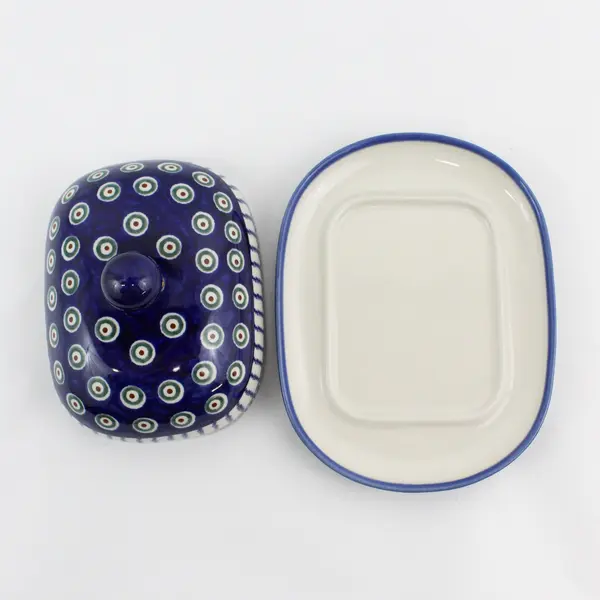 Vintage Boleslawiec Covered Butter Dish Green Circles  Blue Zigzag and Swirls
