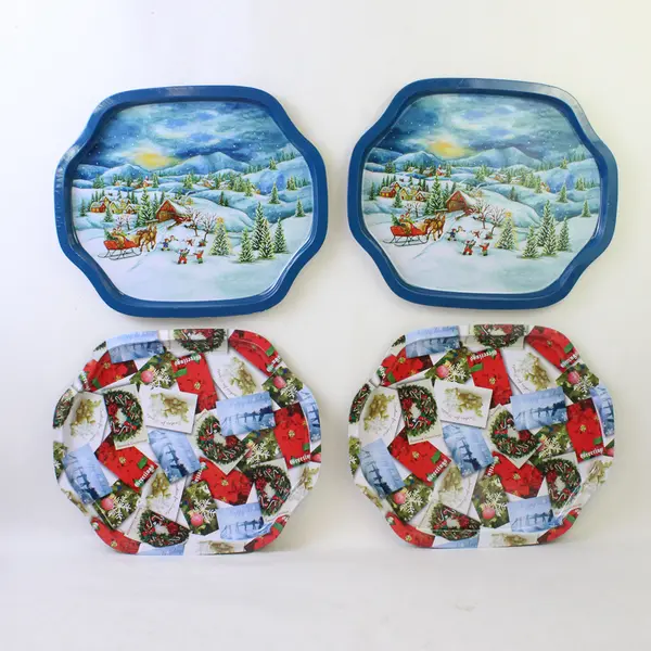 Lot of 4 Tin Holiday Serving Trays Christmas Snowy Greeting Card Designs