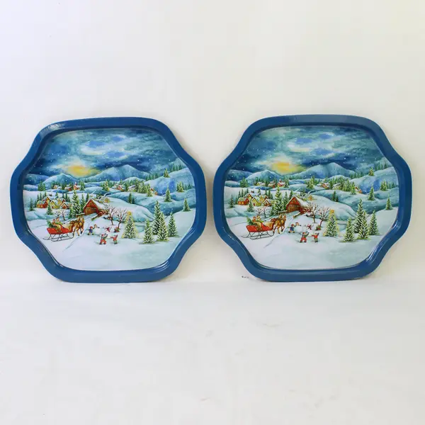 Lot of 4 Tin Holiday Serving Trays Christmas Snowy Greeting Card Designs