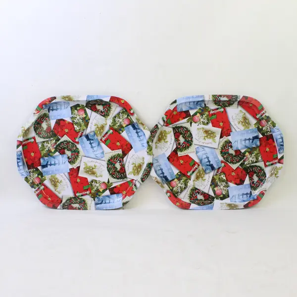 Lot of 4 Tin Holiday Serving Trays Christmas Snowy Greeting Card Designs