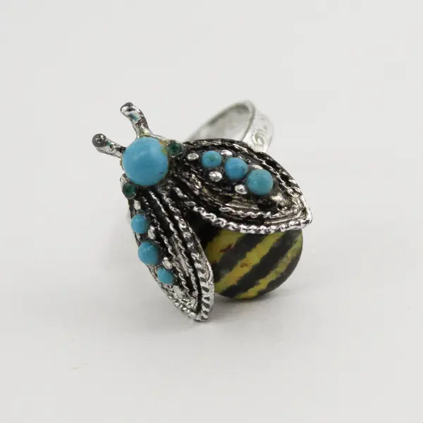 Silvertone Enamel Marcasite And Turquoise Bee Shaped Ring  Size 7 Adjustable