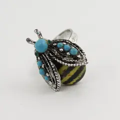 Silvertone Enamel Marcasite And Turquoise Bee Shaped Ring  Size 7 Adjustable