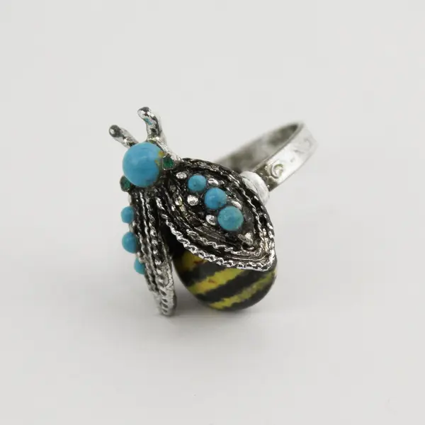 Silvertone Enamel Marcasite And Turquoise Bee Shaped Ring  Size 7 Adjustable
